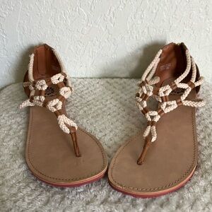 Women’s Yellow Box Flats Toe Thong Corded Back Zipper Heel Sandra Tan Cream 8.5